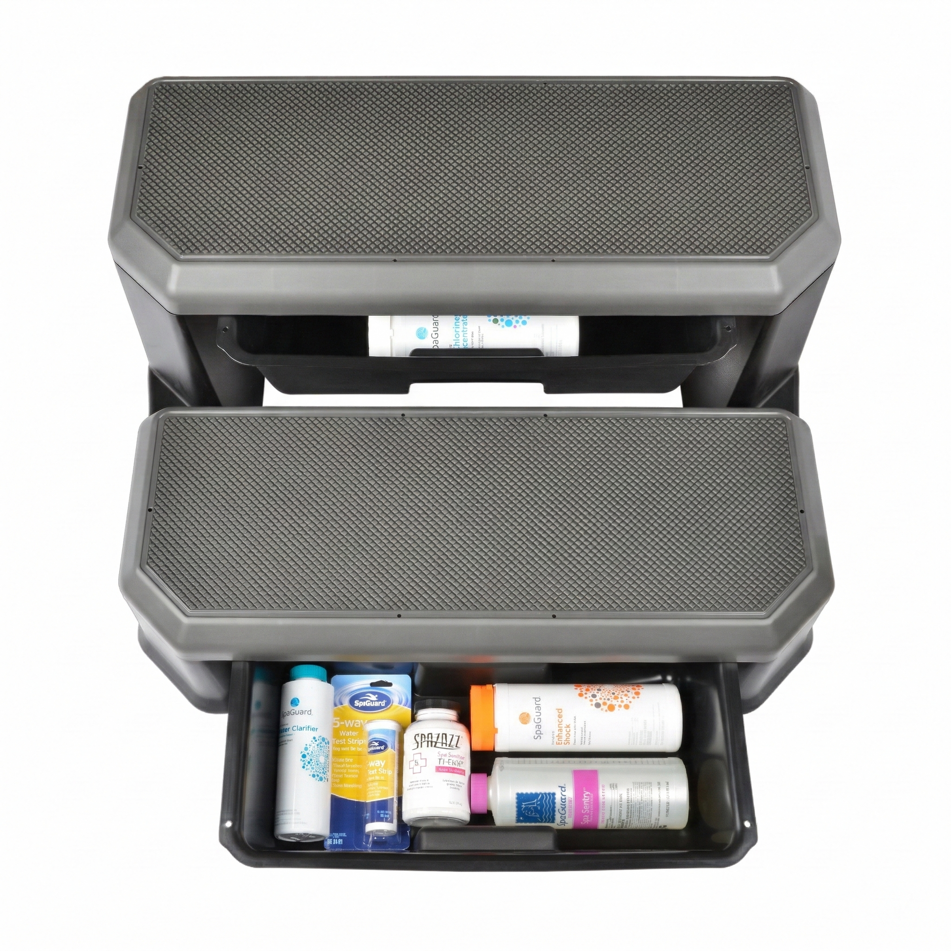 Step stool with a drawer containing cleaning supplies on a white background