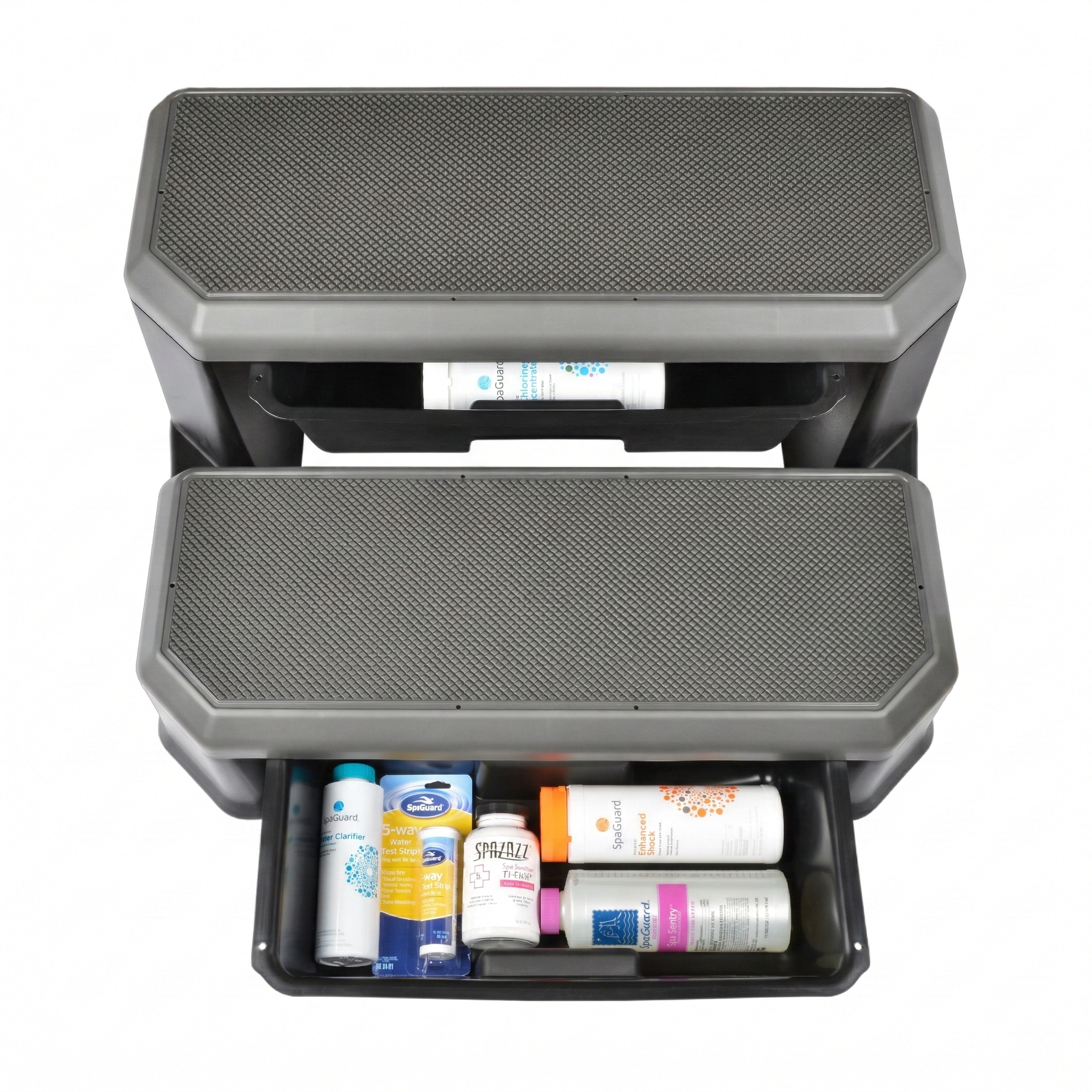 Step stool with a drawer containing cleaning supplies on a white background